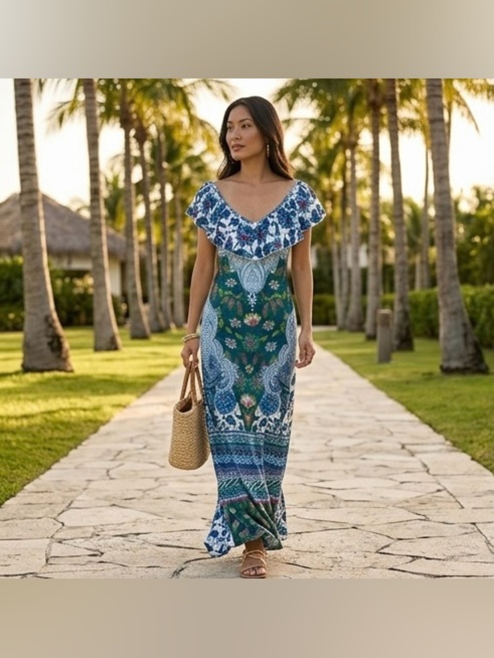 Hale Bob Floral Resort Maxi Dress XS Blue Green Ruffle Neck EUC